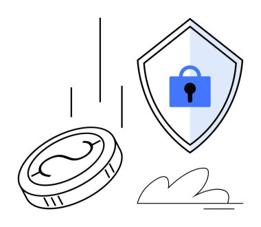 Madeni para, içinde mavi kilit simgesi olan bir kalkana doğru düşüyor. Finansal güvenlik ve koruma kavramlarını temsil ediyor. Yatırım güvenliği, siber güvenlik, risk yönetimi, parasal koruma için ideal