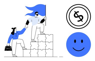 İki kişi el ele tutuşarak bir yapboz merdivenine tırmanıyor, biri bayrak tutuyor. Yanlarında bir dolar ve gülümseyen bir yüz var. Takım çalışması, başarı, liderlik, hedef belirleme, destek, büyüme için ideal