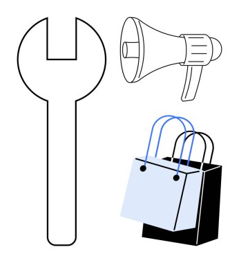 Aletleri temsil eden anahtar, iletişimi ya da duyuruları sembolize eden megafon, ticareti gösteren alışveriş torbaları. Hizmet, pazarlama, perakende, çözümler, duyurular, ticaret konuları için ideal