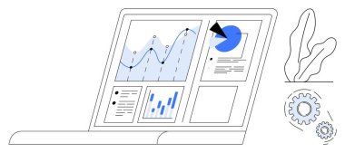 Çizgi grafiği, bar grafiği, pasta grafiği ve veri parçacığıyla dizüstü bilgisayar ekranı. Analiz, iş stratejisi, veri takibi, raporlama, görselleştirme performans izleme dairesi için idealdir