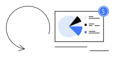 Ekranda mavi aksanlı dairesel ok ve pasta grafiği. Finans, yatırım, iş stratejisi, kâr takibi, analitik, ekonomi ve veri odaklı planlama için ideal. Düz basit metafor