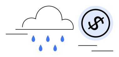 Bulutun mavi yağmur damlalarını serbest bırakması maddi krizin sembolü olan bir dolar ile birlikte. Ekonomi, finans, hava durumu, bulut hesaplama, tasarruf, sürdürülebilirlik, minimalizm için idealdir. Düz basit metafor