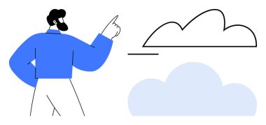 Sakallı adam bulutu işaret ederek teknolojiyi, depoyu, bağlantıyı ya da yeniliği sembolize ediyor. Teknoloji, veri yönetimi, çevrimiçi çözümler, bulut hesaplama takım çalışması bilişim konseptleri için idealdir. Asgari