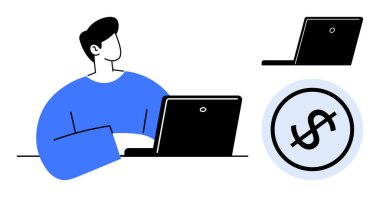 Masada oturan kişi, yakınlarda dolar sembolü çemberi olan dizüstü bilgisayarla çevrimiçi geliri vurguluyor. Finans, e-ticaret, serbest ticaret, yatırımlar, uzaktan çalışma, girişimcilik için idealdir.