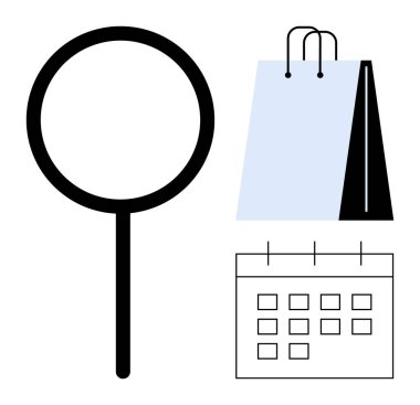 Büyüteç, alışveriş çantası ve takvim. E-ticaret, planlama, organizasyon, planlama, ürün arama perakende konseptleri ve zaman yönetimi için ideal. Düz basit metafor