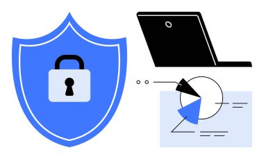 Kilit sembollü kalkan, laptop ve veri görselleştirme diyagramının yanındaki güvenliği vurguluyor. Siber güvenlik, veri koruması, analitik, bilişim çözümleri, gizlilik, gizlilik için ideal, çevrimiçi