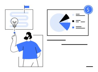Adam yol haritası ve finansal pasta grafiklerini incelerken bir ampul sembolünü işaret ediyor. Analiz, strateji, iş planlaması, yenilik, finansal büyüme, beyin fırtınası, düz basit