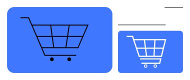 Mavi arka planda beyaz ve kalın çizgili alışveriş arabası grafikleri. E-ticaret, perakende, çevrimiçi alışveriş, çıkış, satış, dijital platformlar, tüketici temaları için ideal. Düz basit metafor