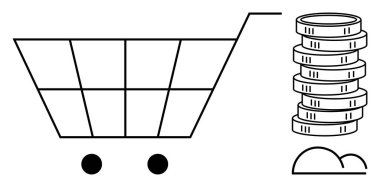 Bir yığın madeni paranın yanında alışveriş arabası ve e-ticareti, çevrimiçi alışverişleri, finans, tasarruf, bütçe, veri depolama ve modern ticareti sembolize eden bir bulut ikonu. Düz basit metafor için ideal
