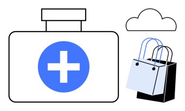 Mavi haçlı ilk yardım çantası, alışveriş torbaları ve bulut. Sağlık hizmetleri, e-ticaret, bulut hizmetleri, tıbbi malzemeler, online alışveriş dijital depolama teknolojisi için ideal. Soyut çizgi düz metafor