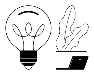 Laptop 'un yakınındaki yeniliği soyut bitkilerle sembolize eden ampul, yaratıcılık, yenilik, teknoloji, üretkenlik, çalışma alanı, beyin fırtınası, modern tasarım. Basit bir daire için ideal