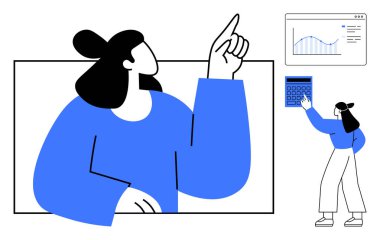 Daha küçük bir figür olarak yukarı bakan kadın hesap makinesi kullanır ve analitik grafiği görür. Eğitim, planlama, analiz, strateji, iş, finans, takım çalışması için ideal. Düz basit metafor