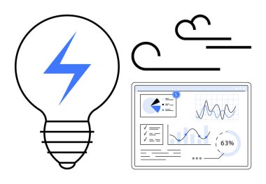 Elektrik sembollü ampul, rüzgar fırtınası ve grafik ve grafiklerle dolu veri paneli. Yenilik için ideal, yenilenebilir enerji, sürdürülebilirlik, analitik, teknoloji sektörü verimliliği. Düz