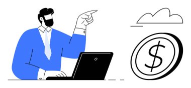 Dizüstü bilgisayarda resmi kıyafetli bir adam para ikonuyla bulutu işaret ediyor. Finans, bulut çözümleri, yenilik, teknoloji, liderlik, strateji ve çevrimiçi kazanç için ideal. Düz basit metafor