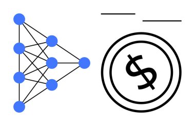 Bağlantı düğümlerine sahip sinirsel ağ, finansal büyüme, yapay zeka ve yeniliği temsil eden bir dolar ikonu ile eşleştirildi. Teknoloji, finans, otomasyon, makine öğrenimi, analitik ve yatırım için ideal