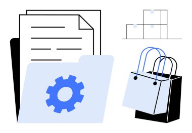 Dosyada çark, alışveriş torbası ve bar çizelgesi olan belgeler var. İş otomasyonu, belge organizasyonu, e-ticaret yönetimi, envanter kontrolü, dijital dönüşüm, süreç için ideal