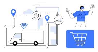 Haritalanmış güzergahtaki kargo kamyonu mobil uygulamalara sinyaller yoluyla bağlanıyor, alışveriş arabası simgesi e-ticareti tasvir ediyor, figür etkileşimli kullanıcı etkinliğini temsil ediyor. Lojistik, e-ticaret ve teslimat için ideal.