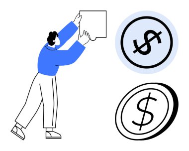 Haritası olan kişi, büyük paralar ve para taslağı. Finans, bütçe, ekonomi, zenginlik, yatırım muhasebe tasarrufu için ideal. Düz basit metafor