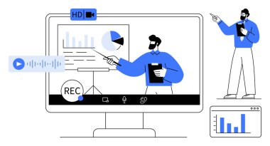 Erkek sunucu video toplantısı sırasında ekrandaki grafik ve grafikleri kullanarak verileri açıklar. Çevrimiçi eğitim, iş iletişimi, sanal toplantılar, web siteleri, e-öğrenme, işbirliği için ideal