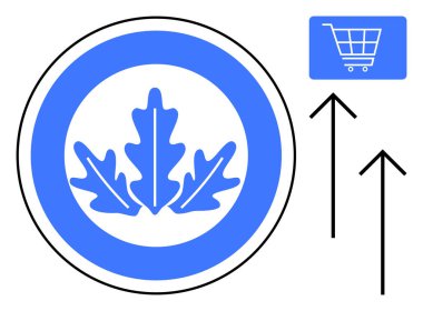 Mavi meşe yaprağı rozeti ve yukarı doğru çıkan oklar gelişmeyi simgeler, alışveriş arabası ikonu ise e-ticaret ve perakende büyümesini simgeler. Sürdürülebilirlik, büyüme, perakende, e-ticaret ve çevre için ideal