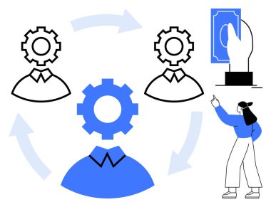 Dairesel oklarla birbirine bağlı üç dişli başı figürü, el ele tutuşan bir para birimi ve işaret eden bir kadın. İşbirliği, iletişim, iş süreci, finans, liderlik, yenilik takım çalışması için ideal