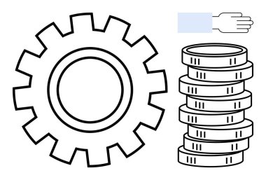 Vites, madeni para yığını, el çizimi takım çalışması, ekonomik büyüme, finans, yatırım, iş gücü, üretkenlik sistemi operasyonları. İş stratejisi endüstrisi için ideal zenginlik yaratmak için düz metafor