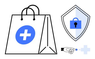 Tıbbi haçlı alışveriş torbası, kilitli kalkan, el ele tutuşmalar. Çevrimiçi alışveriş koruması, gizlilik, güvenli işlem, siber güvenlik, sağlık alışverişi, dijital güvenlik güveni için ideal