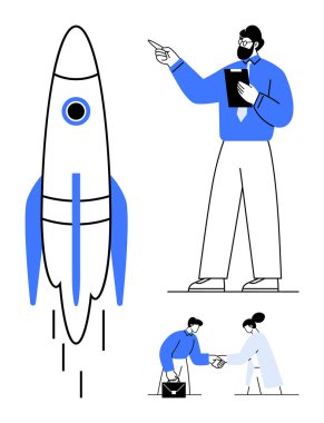 Birlikte çalışan bir ekiple roket fırlatma, lider rehberliği, profesyonellerin el sıkışması. Başlangıç planlaması, liderlik, takım çalışması, iş büyümesi, yenilik işbirliği başarısı için idealdir. Düz basit