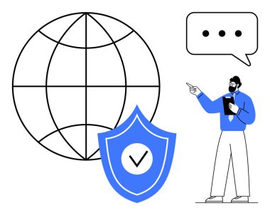 Küresel ağ şebekesini gösteren panosu olan bir iş adamı, işaretli mavi kalkan ve konuşma baloncuğu. Teknoloji, güvenlik, iletişim, takım çalışması, küresel strateji, veri gizlilik dairesi için ideal