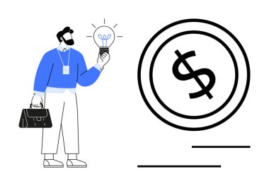 Evrak çantalı ampul tutan adam, büyük bir madeni para ikonu. Girişimcilik, yenilik, iş stratejisi, kişisel finans, yatırım, ekonomik kavramlar, düz basit metafor