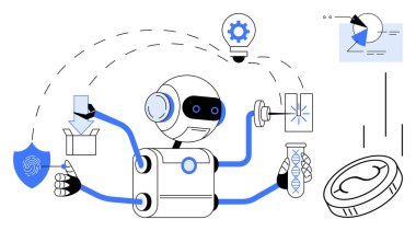 Çeşitli görevler üzerinde çalışan çoklu kollara sahip bir robot DNA araştırması, finansal analiz, veri güvenliği ve fikir üretimi. Yenilik, robot bilimi, teknoloji, otomasyon, yapay zeka güvenlik araştırması için ideal