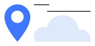 Mavi pim bulucu ve yatay çizgileri olan ışık bulutu. Navigasyon, hava durumu, bulut hesaplama, teknoloji, hareketlilik, bağlantı, veri paylaşımı için ideal. Düz basit metafor