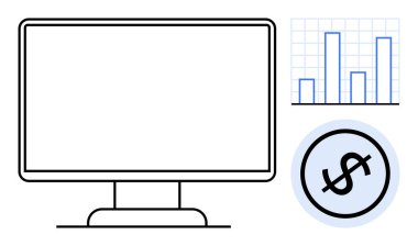 Tabela ve dolar işaretinin yanında bilgisayar ekranı. Finans, veri, iş, teknoloji, analiz, ekonomi ve verimlilik için ideal. Düz basit metafor