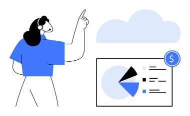 Bulutu gösteren bir kulaklık takan bir kadın. Finansal tablosunda veri görselleştirmesi ve dolar simgesi var. Teknoloji, finans, bulut hesaplama, veri analizi, müşteri hizmetleri için ideal