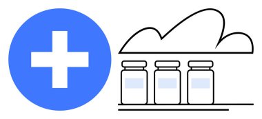 Bulut çizgisi ve üç ilaç şişesinin yanında mavi tıbbi haç. Teknoloji, sağlık, dijital depolama, bulut sistemi, tıbbi kayıtlar, envanter yönetimi, veri paylaşımı için ideal. Düz basit