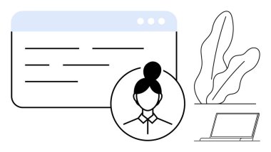 Dişi avatar ağ penceresini kapatıyor, çok az bir bitki ve dizüstü bilgisayarın yanında. Kullanıcı profili yönetimi için ideal, çevrimiçi kimlik, dijital çalışma alanı, hesap erişimi, kişiselleştirme, takım çalışması, düz basit