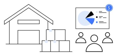 Depo binası, üç haneli bir finansal pasta grafiği sunumunun yanında istiflenmiş kutular. Lojistik, envanter, takım çalışması, finans, planlama, analiz, strateji için ideal. Düz basit