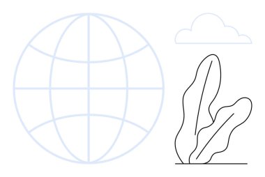 Dünya, küresel bağlantıyı, çevresel bakımı ve sürdürülebilirliği yansıtan bir bulut ve bitkinin yanında yer alır. Ekoloji için ideal, küresel farkındalık, minimalizm, sürdürülebilirlik, çevre