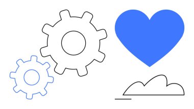 Birbirine kenetlenmiş iki vites ve uyum, işbirliği, yaratıcılık ve ilerlemeyi temsil eden asgari bulut çiziminin yanında mavi kalp ikonu. Takım çalışması, yenilik, denge, iş akışı, sistemler için ideal