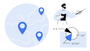 Konum iğneli harita, elinde pano ve işaretleyici olan bir sunucu ve işaretlenmiş bir pasta grafiği bilgisi. Veri görselleştirme, küresel strateji, eğitim, analitik, iş planlaması için ideal