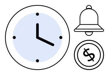 Siyah elli büyük saat, minimum zil ve basit dolar işareti çemberi. Zaman yönetimi, hatırlatıcılar, bildirimler, tasarruflar, süreler, üretkenlik düzlüğü için ideal basit metafor