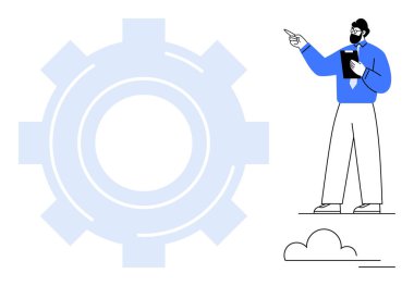 Yönetici ayakta duruyor, stratejiyi, takım çalışmasını ve yenilikçiliği temsil eden büyük vites yakınındaki fikirleri işaret ediyor. Liderlik, üretkenlik, süreç, takım çalışması, karar verme işlemleri için ideal basit