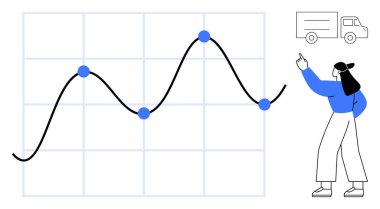 Veri noktaları ve teslimat kamyonu olan kavisli bir grafiği işaret eden bir kadın. Analiz, lojistik, ulaşım, sevkiyat planlaması, iş büyümesi, veri eğilimleri, düz basit metaforlar için ideal