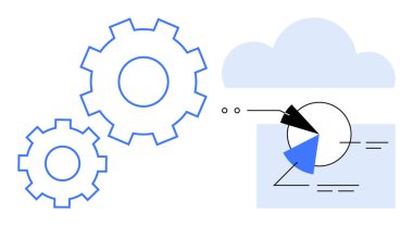 İşlemleri temsil eden dişliler, çevrimiçi depolamayı sembolize eden bir bulut ve analitik çizelgeler. Teknoloji, yenilik, bulut hesaplama, işlem otomasyonu, veri yönetimi, mühendislik dairesi için ideal