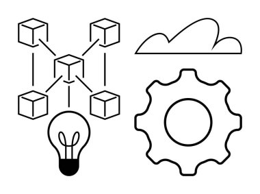 Blockchain ağı küpleri birbirine bağlar, bulut depolamayı simgeler, ampul fikirleri ateşler, teçhizat süreci önerir. Teknoloji, yenilik, bulut hesaplama, engelleme, mühendislik geliştirme için ideal