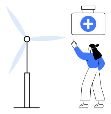 Mavili kadın yakınlarda rüzgar türbini olan bir ilk yardım sembolünü işaret ederek temiz enerji, sağlık ve sürdürülebilirlik temalarını harmanlıyor. Çevre, tıp, çözümler, yenilenebilir enerji için ideal