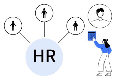 İnsan Kaynakları, çalışan simgelerine bağlı merkezi İK çemberi ile görsel işlem yapıyor. Dev bir hesap makinesindeki verileri analiz eden kadın. Takım çalışması, iletişim, işe alım, strateji, analitik, teknoloji, daire için ideal