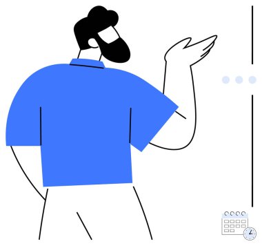 Mavi gömlekli adam sunum alanına doğru hareket ediyor, küçük saat ve takvim simgeleri köşede. Planlama, program yönetimi, takım çalışması, sunumlar, organizasyon, görev heyeti için ideal