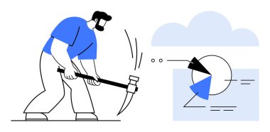 İşçi verileri kazma, bulut arkaplanı ve geometrik şekillerle parçalara ayırıyor. Veri madenciliği, bulut hesaplama, analiz, problem çözme, sıkı çalışma, otomasyon düz metaforu için ideal