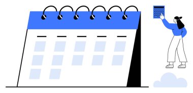 Üzerinde tarihler işaretlenmiş büyük spiral bir takvim ve elinde daha küçük bir takvim tutan bir kadın. Program, organizasyon, zaman yönetimi, teslim tarihleri, verimlilik, planlama, takım çalışması için ideal. Düz basit